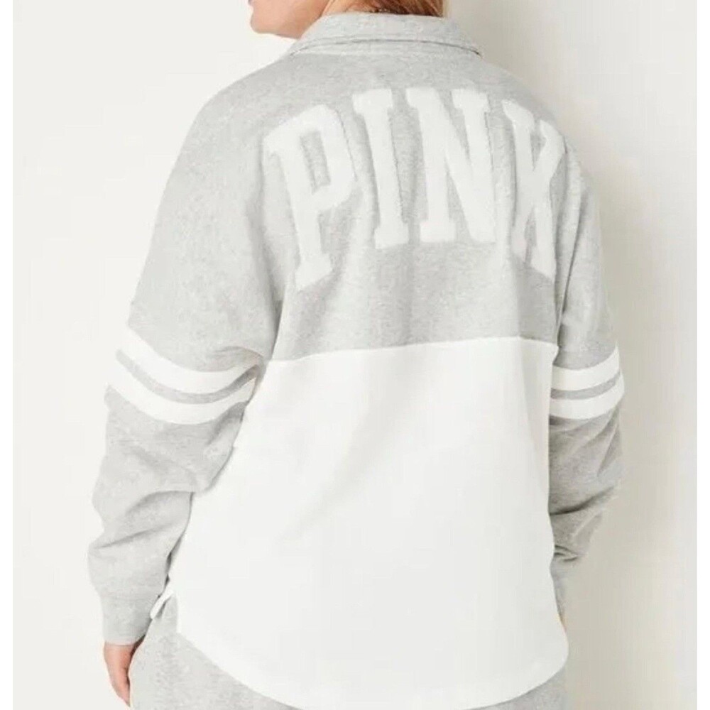 Victorias Secret PINK Full Zip Sweatshirt Jacket Gray White Soft Fleece Casual L